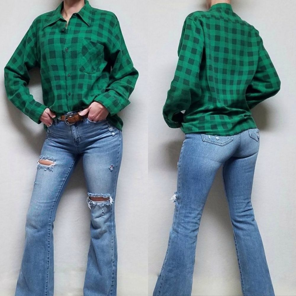 Vintage 1970s K-Mart Permanent Press Green Plaid Flannel Button Up Shirt Medium